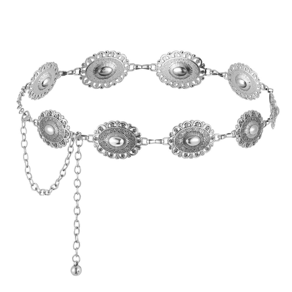 3598 Women Western Metal Chain Belt, 45'' Silver Waist Chunky Belt - Picture 1 of 8